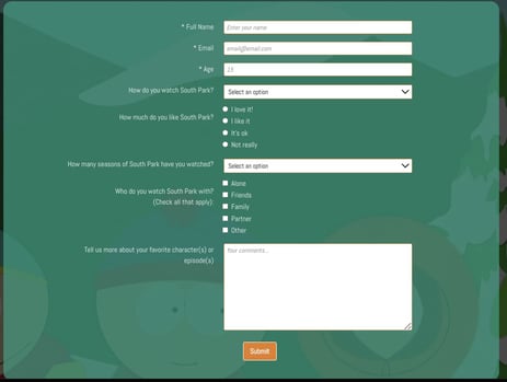 survey template based on south park with 8 input fields
